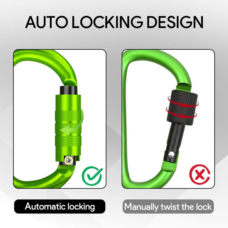 FVW CE Certified Auto Locking Climbing Carabiners, Professional 25KN (5620 lbs) Heavy Duty Caribeaners for Rappelling Swing Rescue & Gym etc, Large D-Shaped Carabiners - Image 4